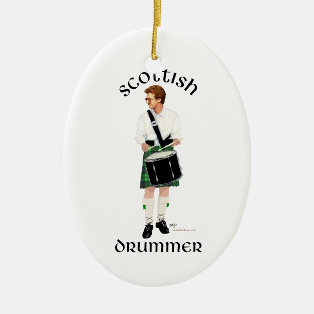 Ornamento De Cerâmica Baterista Escocês - Kilt Verde (Frente)