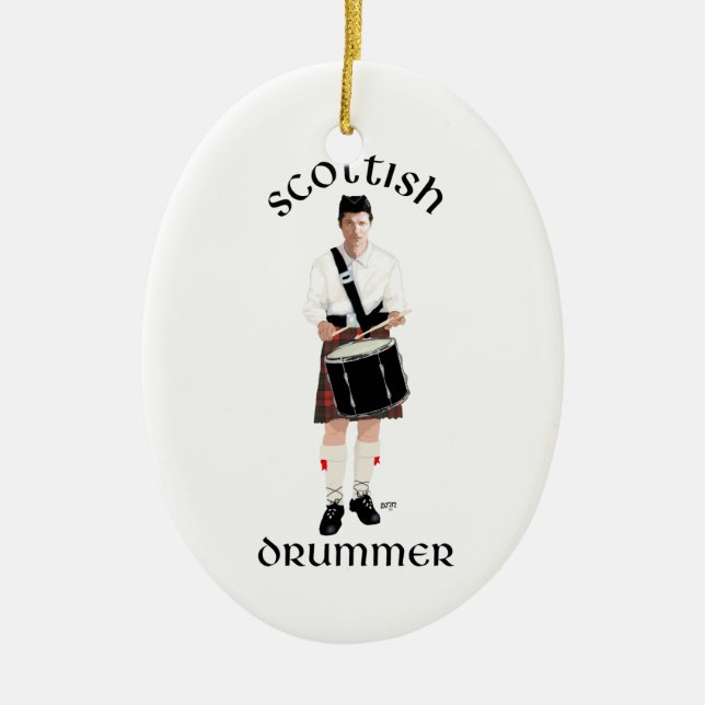 Ornamento De Cerâmica Baterista Escocês - Kilt Vermelho (Frente)