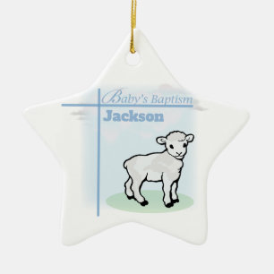 Ornamento De Cerâmica Batismo Blue Boy Lamb, Personalizável