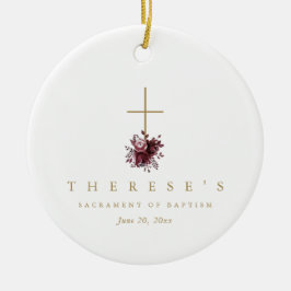 Ornamento De Cerâmica Batismo Católico da Cruz Floral Simples da Borgonh