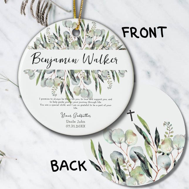 Ornamento De Cerâmica Batismo Christening Eucalyptus deixa padrinho (Criador carregado)
