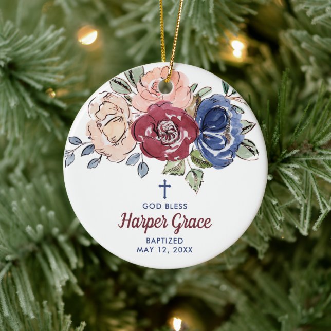 Ornamento De Cerâmica Batismo da Rosa Personalizada da Rapariga (Árvore)