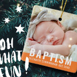 Ornamento De Cerâmica Batismo Foto Personalizada Moderna e Simples para<br><div class="desc">Esta design simples e moderna é composta por tipografia sans serif. Adicione uma foto personalizada do seu bebê. Altere a cor do bloco para o que você quiser.</div>