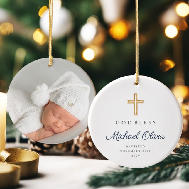 Ornamento De Cerâmica Batismo religioso do Deus abençoe moderno (Modern God Bless Religious Cross Baptism Ceramic Ornament)