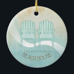 Ornamento De Cerâmica Beach House Adirondack Chairs Aqua Blue ID623<br><div class="desc">Este design de ornamento cerâmico nas cores suaves do mar e da areia permite adicionar facilmente seu próprio nome e texto usando o modelo fornecido. A imagem simples de Adirondack preside a um fundo angustiado, de aquarela, é destacada por um sotaque de onda em aqua e branco. Procure ID623 para...</div>