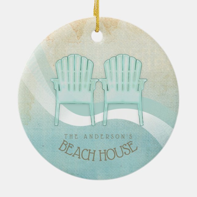 Ornamento De Cerâmica Beach House Adirondack Chairs Aqua Blue ID623 (Traseira)