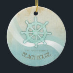 Ornamento De Cerâmica Beach House Náutica Boat Helm Aqua Blue ID623<br><div class="desc">Este produto nas cores suaves do mar e da areia permite que você adicione facilmente seu próprio nome e texto usando o modelo fornecido. A simples imagem do helm do barco em um fundo angustiado, a aquarela é destacada por um sotaque de onda em aqua e branco. Se você não...</div>