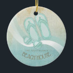 Ornamento De Cerâmica Beach House Óculos de sol e Chinelos Aqua ID623<br><div class="desc">Este produto nas cores suaves do mar e da areia permite que você adicione facilmente seu próprio nome e texto usando o modelo fornecido. A simples imagem de óculos e chinelos sobre um fundo angustiado, de aquarela, é destacada por um sotaque de onda em aqua e branco. Se você não...</div>