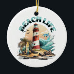 Ornamento De Cerâmica Beach Life<br><div class="desc">Enfeites de natal temático da praia. Ilustração de uma cena de praia com farol,  pranchas,  palmeiras e golfinhos.</div>