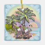 Ornamento De Cerâmica Beach Sunset Flamingo<br><div class="desc">Ornament Flamingo de Beach Sunset,  roupa de praia,  presentes Flamingo pela Ilustração ArtMuvz.Este Ornament apresenta um design flamingo de praia ousado e atraente. PARA PERSONALIZAR,  adicione seu nome ou adicione texto. Personalize esta Ornação Flamingo para torná-la exclusiva sua ou para dar como presente personalizado</div>
