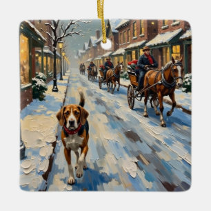 Ornamento De Cerâmica Beagle Antigo em Rua Victoriana Nevada no Natal