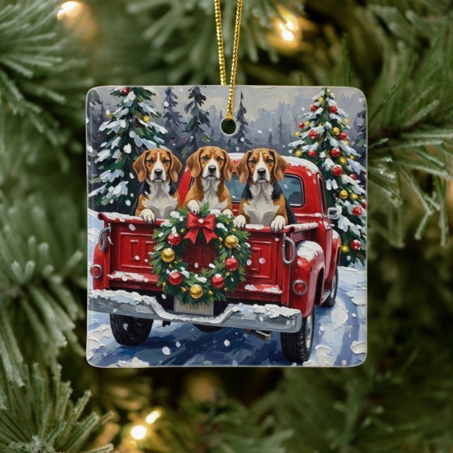 Ornamento De Cerâmica Beagle Christmas Red Truck Holiday (Árvore)