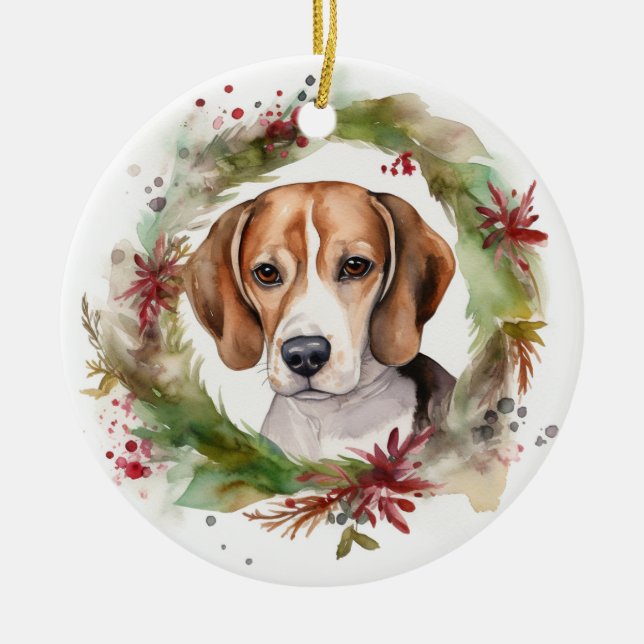 Ornamento De Cerâmica Beagle Christmas Wreath Festivo Pup (Frente)