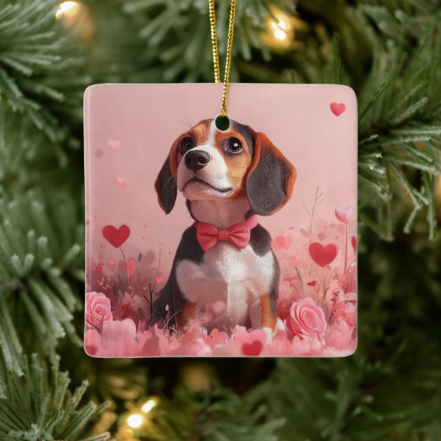 Ornamento De Cerâmica Beagle com Rosas - Dia dos Namorados (Árvore)