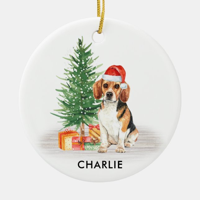 Ornamento De Cerâmica Beagle Dog Papais noeis Festivos Personalizados Na (Frente)