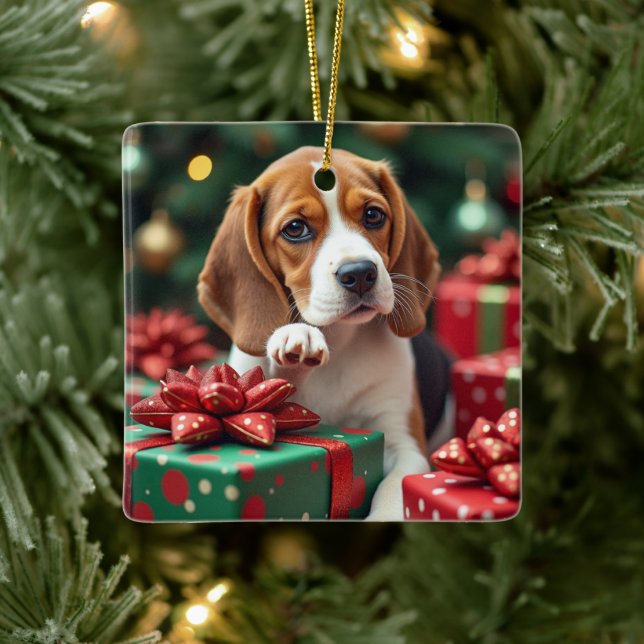 Ornamento De Cerâmica Beagle Wrapping Gifts Christmas Painting (Árvore)