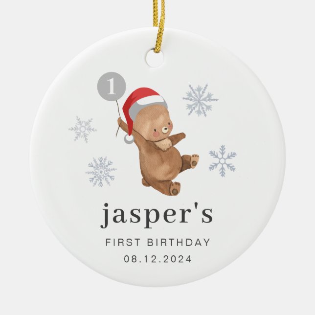 Ornamento De Cerâmica Bear Balloon Santa Hat (Frente)