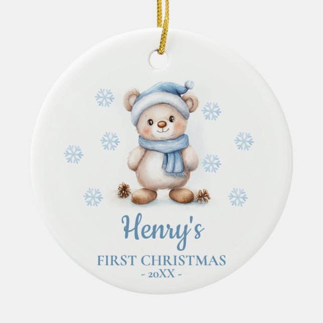Ornamento De Cerâmica Bear Cub Personalized Baby's First Christmas (Frente)