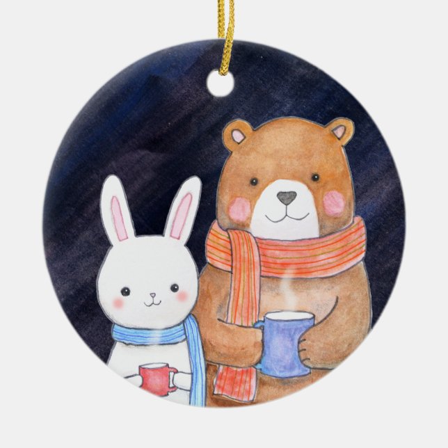 Ornamento De Cerâmica Bear e Casal coelho juntos, Natal personalizado (Frente)