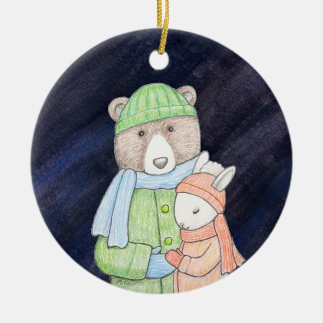 Ornamento De Cerâmica Bear e Casal coelho Natal juntos Nome Personalizad (Frente)