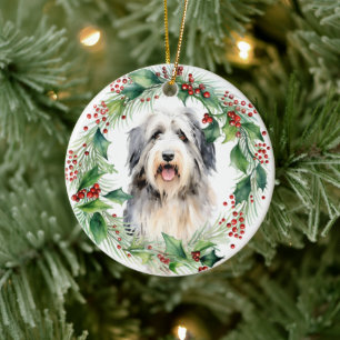 Ornamento De Cerâmica Bearded Collie Grinalda de Natal