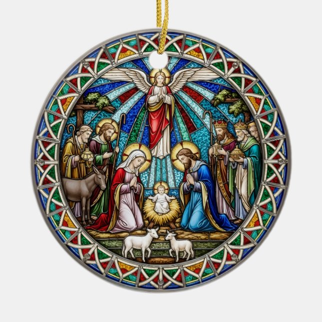 Ornamento De Cerâmica Beautiful Nativity Scene Holy Family Angel (Frente)