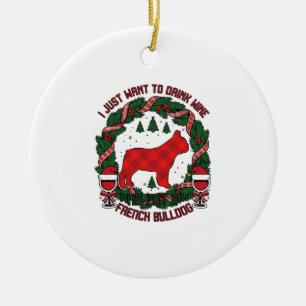 Ornamento De Cerâmica Beba Vinho Bulldog Francês Cachorro Xadrez Vermelh
