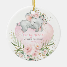 Ornamento De Cerâmica Bebê 1rua Primeiro Elefante Floral Blush de Natal
