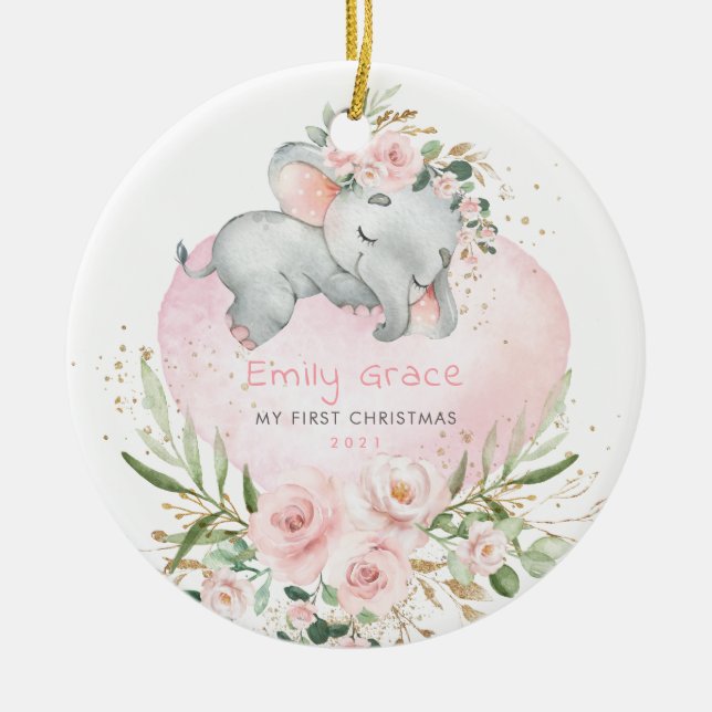 Ornamento De Cerâmica Bebê 1rua Primeiro Elefante Floral Blush de Natal (Frente)