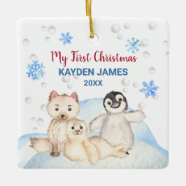 Ornamento De Cerâmica Bebê 1rua Primeiro Natal Animais Árcticos Aquarela
