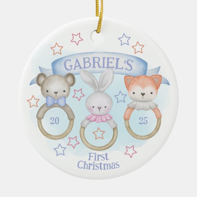 Ornamento De Cerâmica Bebê Animal Ataca O Primeiro Natal Do Bebê (Frente)