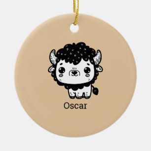 Ornamento De Cerâmica Bebê Bisão Fofo - Arte Kawaii de Animais de Fazend