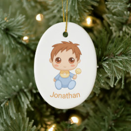 Ornamento De Cerâmica Bebê-Boy Blue Jumpcase, nome personalizado e foto