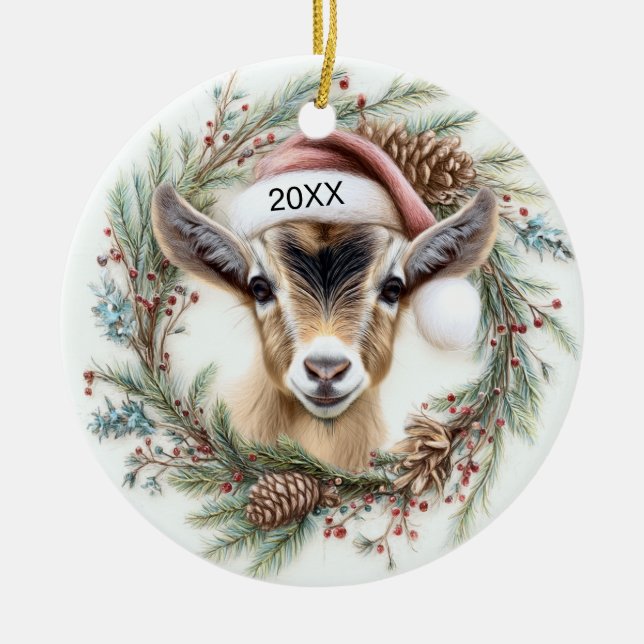 Ornamento De Cerâmica Bebê Cabra com Coroa de Natal  (Frente)