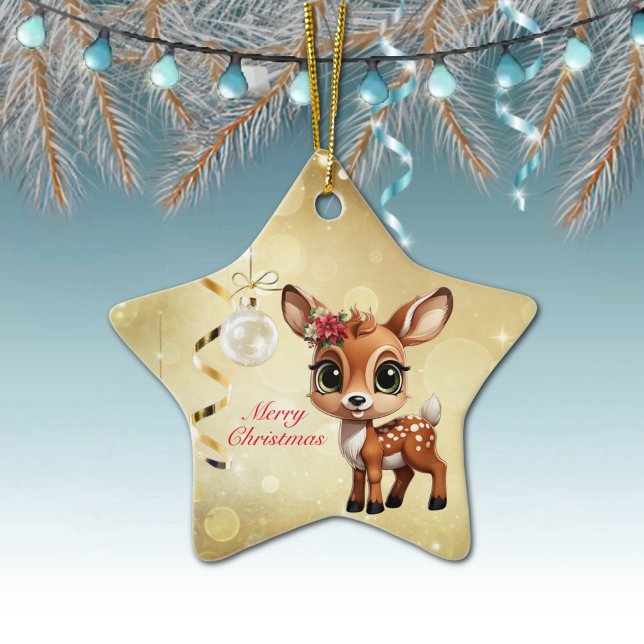 Ornamento De Cerâmica Bebê Cervo, Filhote, Corça 🦌 🎄Ouro Feliz Natal (Wildlife Deer Decor Xmas Fawn, Fun Holiday Doe Cute Animal Merry Christmas 
Gold Star Ornament 🦌🎄)