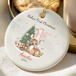 Ornamento De Cerâmica Bebê cervo fofo primeiro Natal rosa personalizado