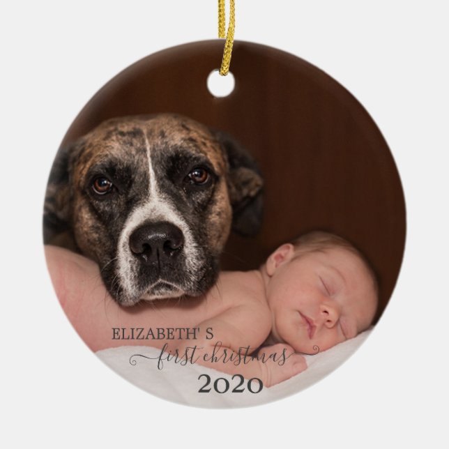 Ornamento De Cerâmica Bebê Com Cachorro,Primeiro Natal,Foto (Frente)