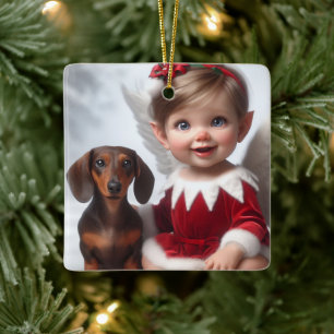 Ornamento De Cerâmica Bebê de Natal Elf e Cartão Dachshund