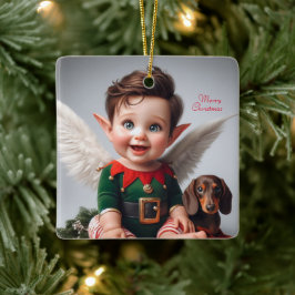 Ornamento De Cerâmica Bebê de Natal Elf e Cartão Dachshund