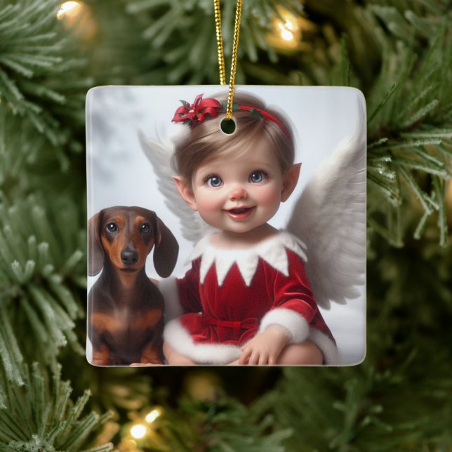 Ornamento De Cerâmica Bebê de Natal Elf e Cartão Dachshund (Árvore)