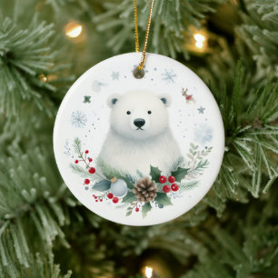 Ornamento De Cerâmica Bebê do Urso Polar Bonito Primeiro Natal