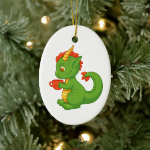 Ornamento De Cerâmica Bebê Dragão Fofo Segurando Xícara