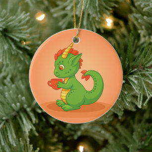 Ornamento De Cerâmica Bebê Dragão Fofo Segurando Xícara em Laranja