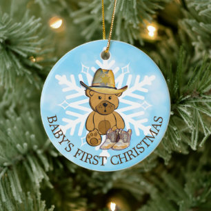 Ornamento De Cerâmica Bebê é o primeiro cowboy de Natal e Urso de Tedd
