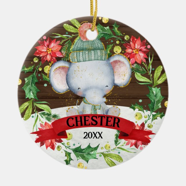 Ornamento De Cerâmica Bebê Encharcado Elefante Aquarela Crianças Natal (Frente)