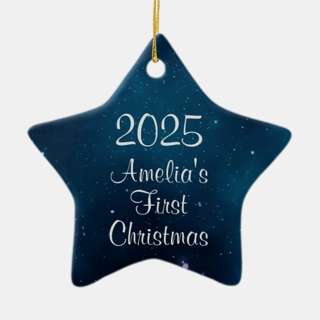 Ornamento De Cerâmica Bebê Espaço Azul Celestial Primeiro Natal (Frente)