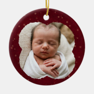 Ornamento De Cerâmica Bebê Estrela Vermelha & Dourada 1º Natal Foto & Pe