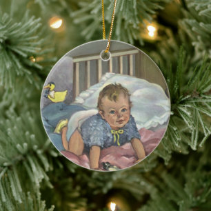 Ornamento De Cerâmica Bebê Fofo Antigo Brincando no Berço, Hora da Sonec
