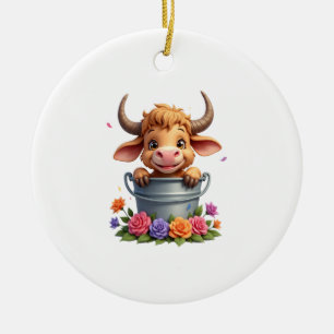 Ornamento De Cerâmica Bebê Fofo Vaca das Terras Altas Com flores Bezerro