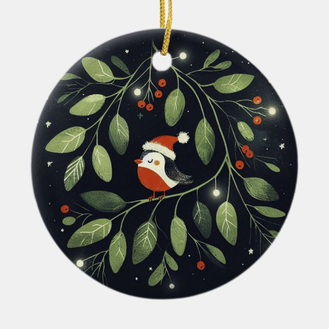 Ornamento De Cerâmica Bebê Foto de Natal Mistletoe Robin Wreath (Frente)
